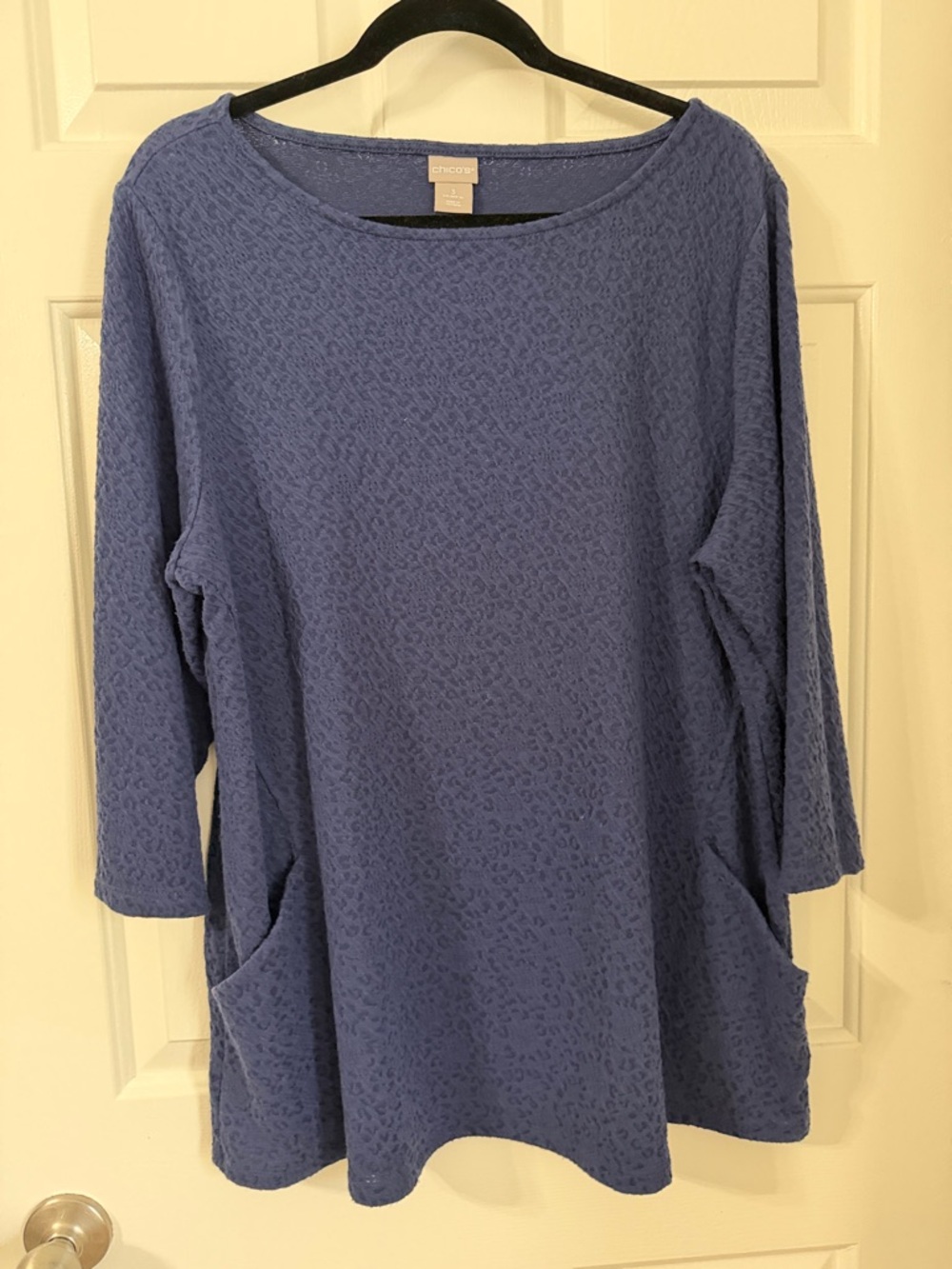 Chico's Blue 3/4 Sleeve Jacquard Boat Neck Womens Blouse